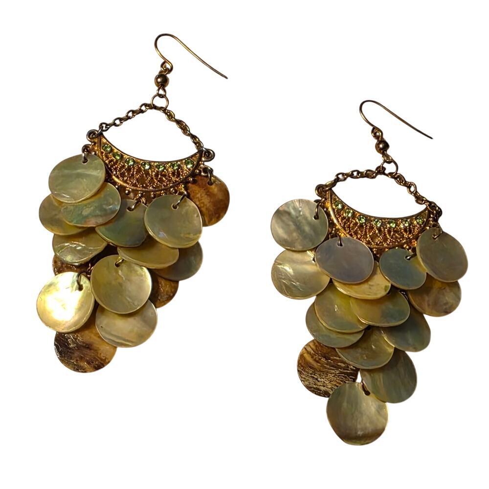 Natural Shell Chandelier Earrings Filigree Dangle Boho Statement Gold Tone 163 - Picture 8 of 8